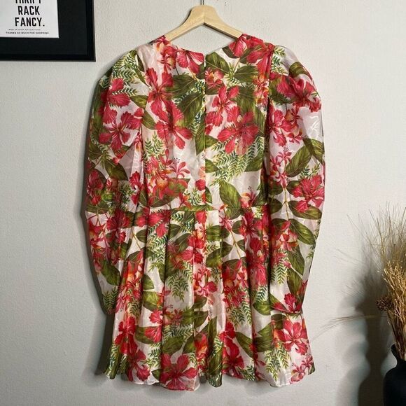 NEW AMUR Dress Floral Tropical Puff Sleeve Mini Dress Red Size 8 - Picture 5 of 9